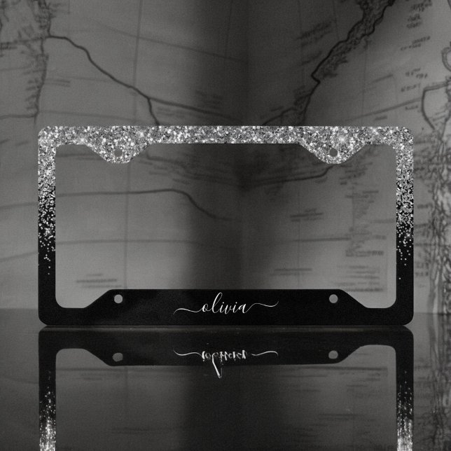 Silver Black Glitter Glam Monogram License Plate Frame (Creator Uploaded)