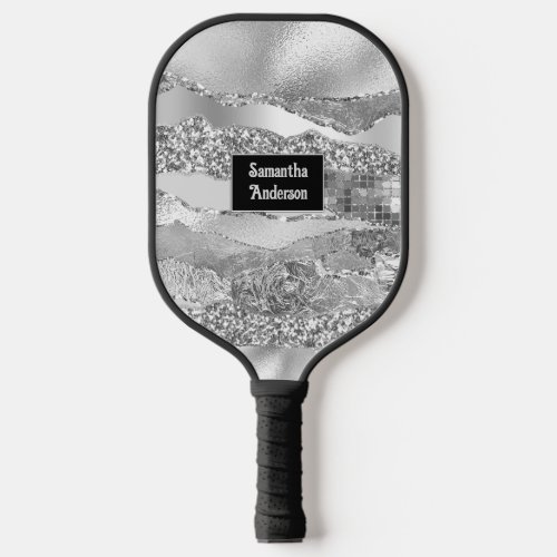 Silver black glitter glam name classy chic pickleball paddle