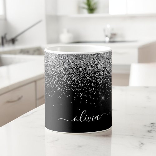 Silver Black Glitter Modern Monogram Name Giant Coffee Mug