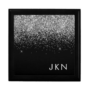 Silver Black Glitter Monogram Girly Name Gift Box