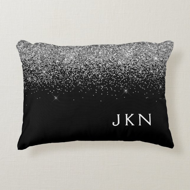 Silver Black Glitter Monogram Girly Name Initials Accent Pillow (Front)