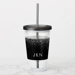 Silver Black Glitter Monogram Girly Name Initials Acrylic Tumbler