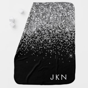 Silver Black Glitter Monogram Girly Name Initials Baby Blanket