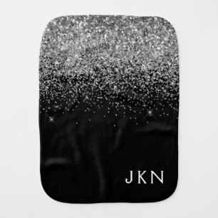 Silver Black Glitter Monogram Girly Name Initials Baby Burp Cloth
