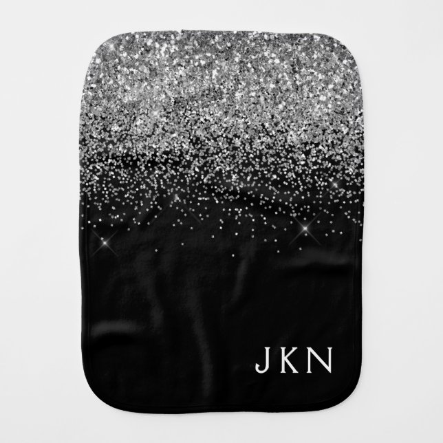 Silver Black Glitter Monogram Girly Name Initials Baby Burp Cloth (Front)