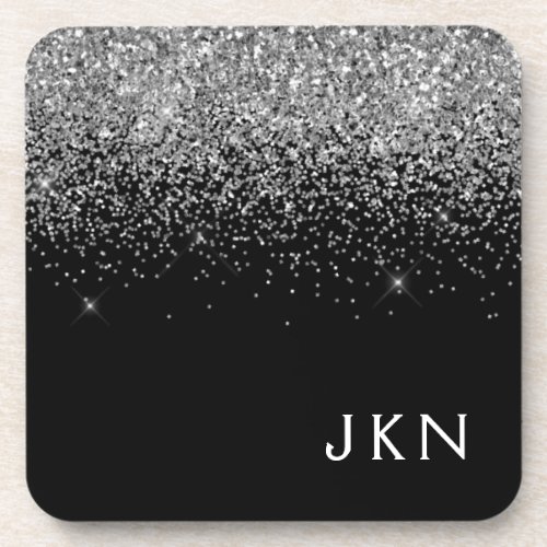 Silver Black Glitter Monogram Girly Name Initials Beverage Coaster