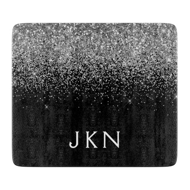 Silver Black Glitter Monogram Girly Name Initials Cutting Board (Front)