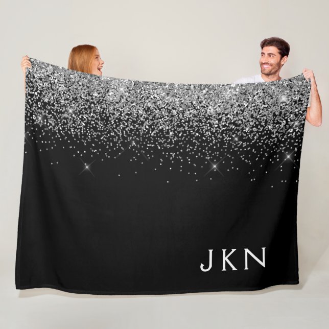 Silver Black Glitter Monogram Girly Name Initials Fleece Blanket (In Situ)
