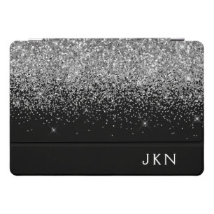 Silver Black Glitter Monogram Girly Name Initials iPad Pro Cover