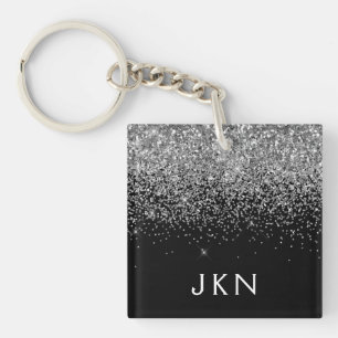 Silver Black Glitter Monogram Girly Name Initials Keychain