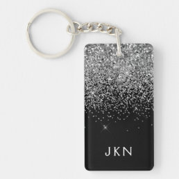 Silver Black Glitter Monogram Girly Name Initials Keychain