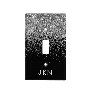 Silver Black Glitter Monogram Girly Name Initials Light Switch Cover