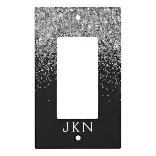 Silver Black Glitter Monogram Girly Name Initials Light Switch Cover