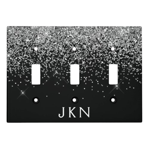 Silver Black Glitter Monogram Girly Name Initials Light Switch Cover