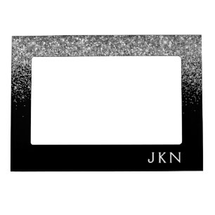 Silver Black Glitter Monogram Girly Name Initials Magnetic Frame