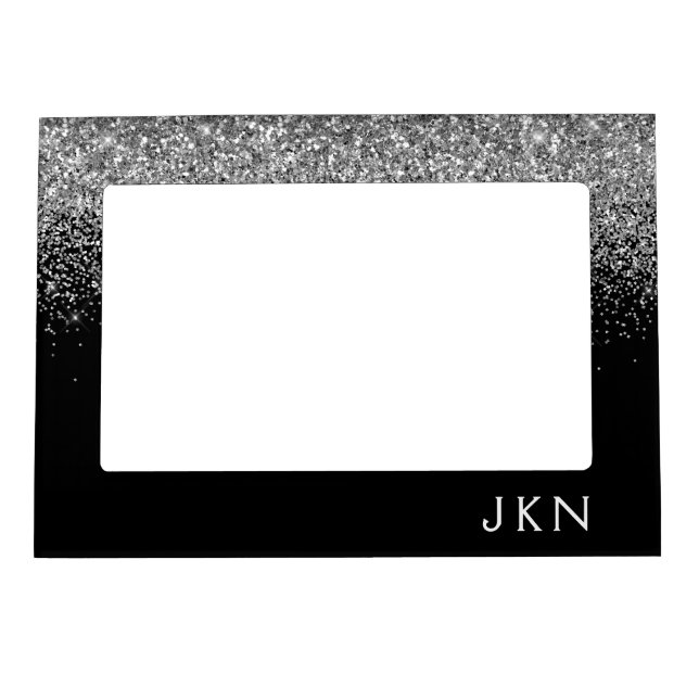 Silver Black Glitter Monogram Girly Name Initials Magnetic Frame (Front)
