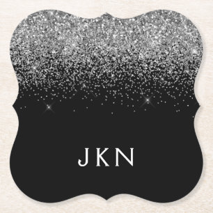 Silver Black Glitter Monogram Girly Name Initials Paper Coaster