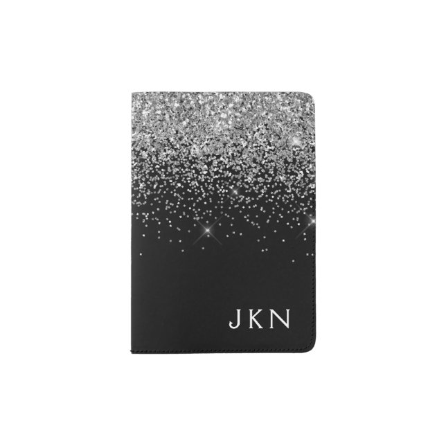 Silver Black Glitter Monogram Girly Name Initials Passport Holder (Front)