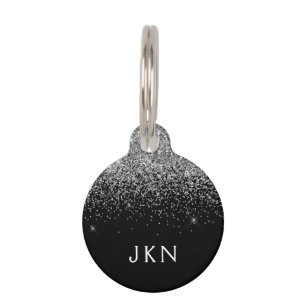 Silver Black Glitter Monogram Girly Name Initials Pet ID Tag