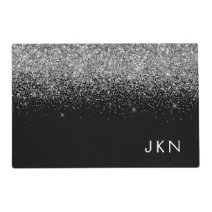 Silver Black Glitter Monogram Girly Name Initials Placemat