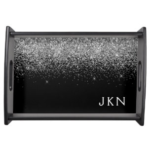 Silver Black Glitter Monogram Girly Name Initials Serving Tray