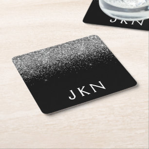 Silver Black Glitter Monogram Girly Name Initials Square Paper Coaster