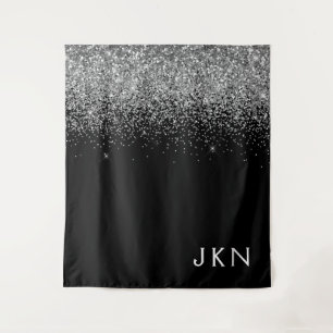 Silver Black Glitter Monogram Girly Name Initials Tapestry