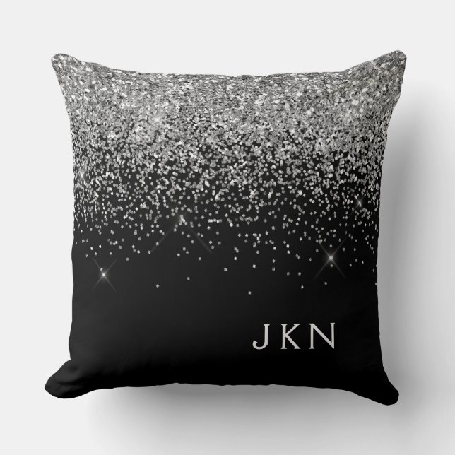 Silver Black Glitter Monogram Girly Name Initials Throw Pillow (Front)