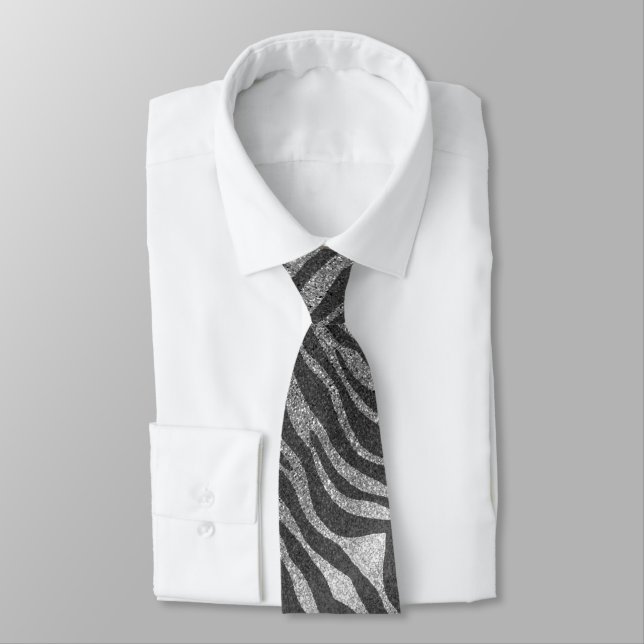 Silver Black Glitter Professional Animal Print Neck Tie (Tied)