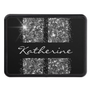 Silver Black Glitter Racing Stripes Personalized Hitch Cover