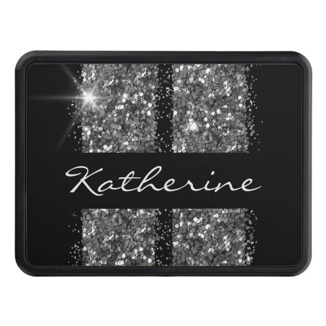 Silver Black Glitter Racing Stripes Personalized Hitch Cover (Front)