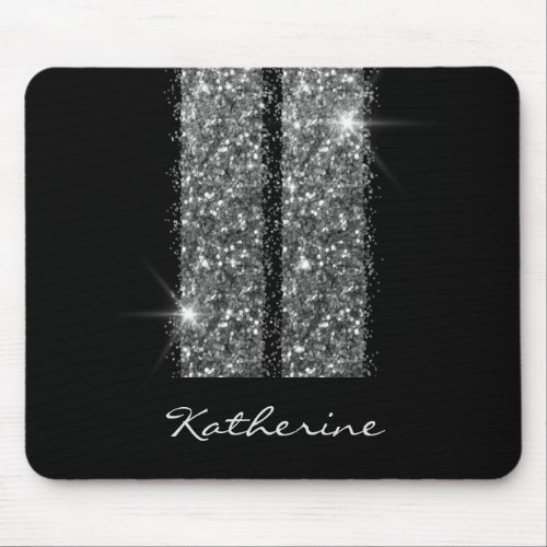 Silver Black Glitter Racing Stripes with Name Mouse Pad
