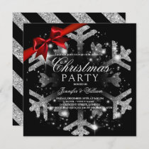 Silver Black Glitter & Ribbon | Xmas Holiday Party Invitation