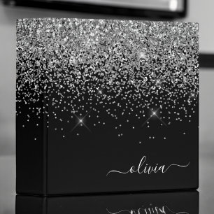 Silver Black Glitter Script Monogram Girly Name 3 Ring Binder