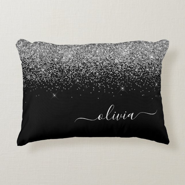 Silver Black Glitter Script Monogram Girly Name Accent Pillow (Front)