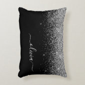 Silver Black Glitter Script Monogram Girly Name Accent Pillow (Front(Vertical))