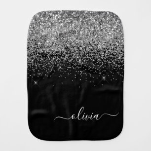 Silver Black Glitter Script Monogram Girly Name Baby Burp Cloth