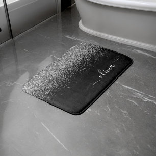 Silver Black Glitter Script Monogram Girly Name Bath Mat