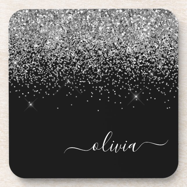 Silver Black Glitter Script Monogram Girly Name Beverage Coaster (Front)