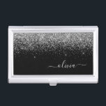 Silver Black Glitter Script Monogram Girly Name Business Card Case<br><div class="desc">Black and Silver Sparkle Glitter Script Monogram Name Business Card Holder. This makes the perfect sweet 16 birthday,  wedding,  bridal shower,  anniversary,  baby shower or bachelorette party gift for someone that loves glam luxury and chic styles.</div>