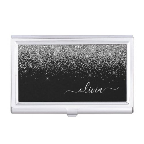 Silver Black Glitter Script Monogram Girly Name Business Card Case