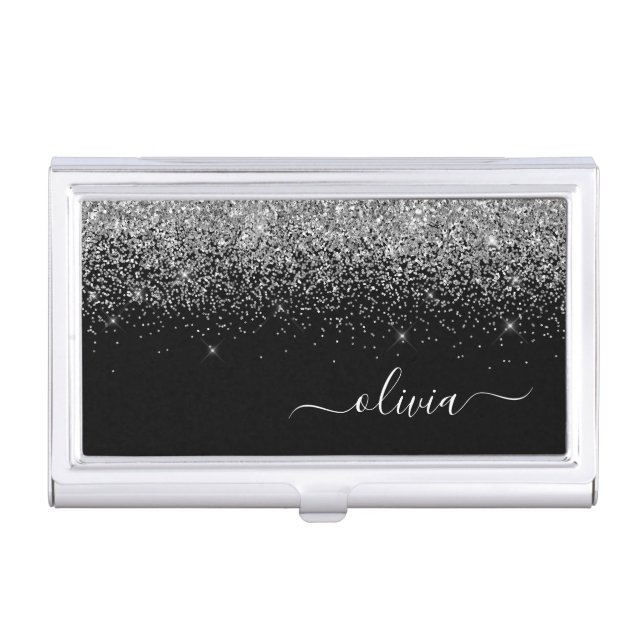 Silver Black Glitter Script Monogram Girly Name Business Card Case (Front)
