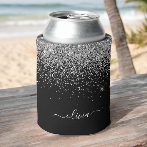 Silver Black Glitter Script Monogram Girly Name Can Cooler