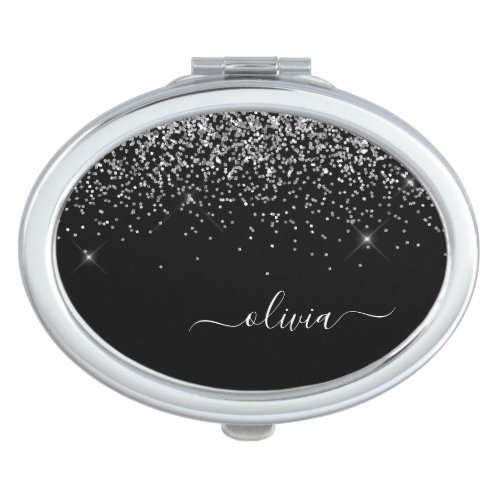 Silver Black Glitter Script Monogram Girly Name Compact Mirror
