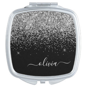 Silver Black Glitter Script Monogram Girly Name Compact Mirror
