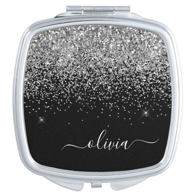 Silver Black Glitter Script Monogram Girly Name Compact Mirror (Front)
