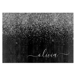 Silver Black Glitter Script Monogram Girly Name Cutting Board