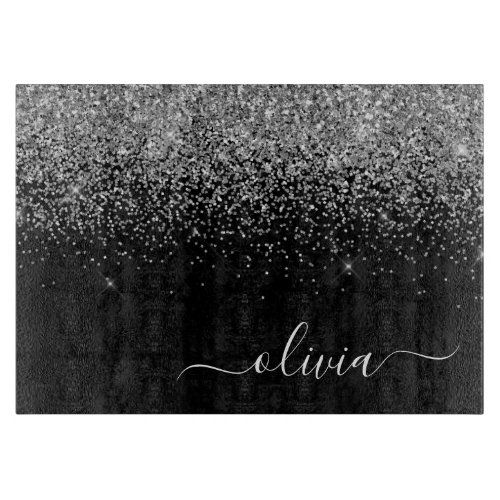 Silver Black Glitter Script Monogram Girly Name Cutting Board