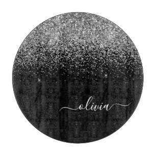 Silver Black Glitter Script Monogram Girly Name Cutting Board