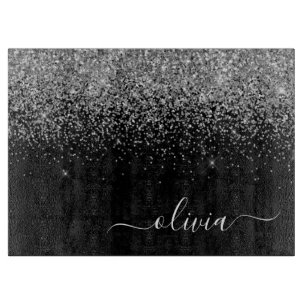 Silver Black Glitter Script Monogram Girly Name Cutting Board